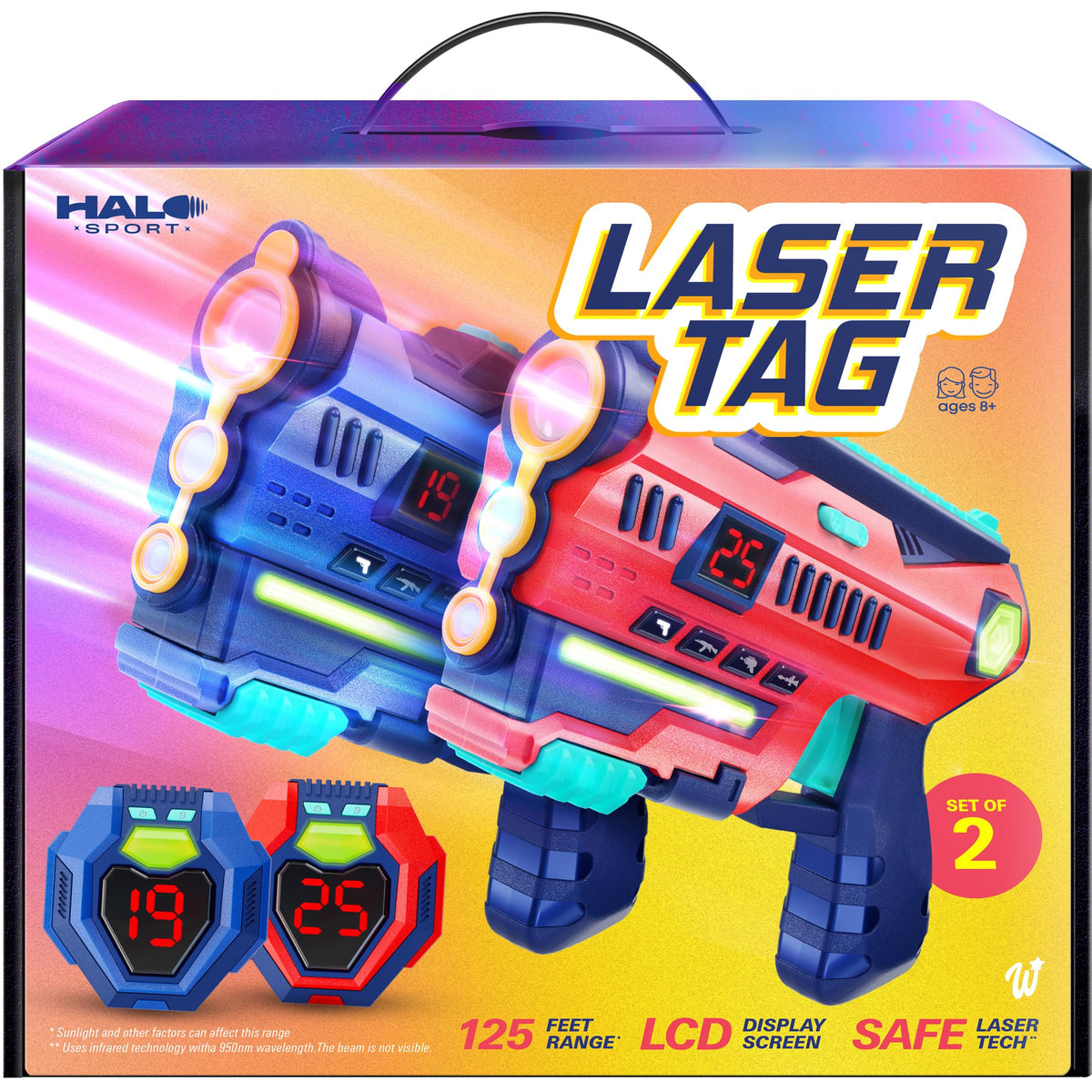 Halo Sport laser tag set in action showing indoor play with players and glowing targets