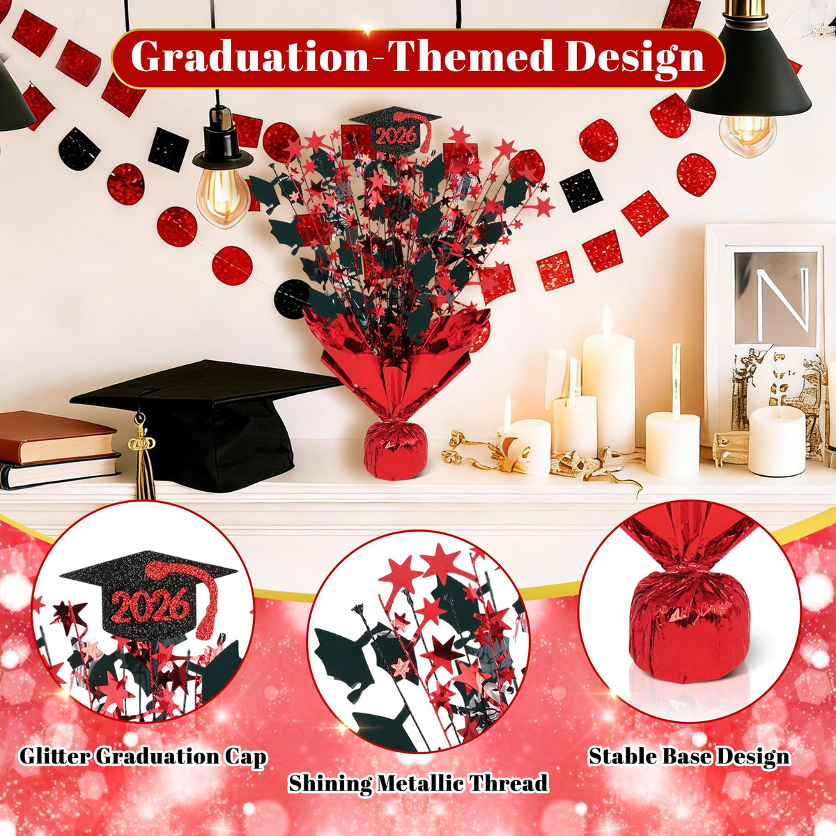 HALOGATE black and red graduation cap foil centerpiece for vibrant parties.