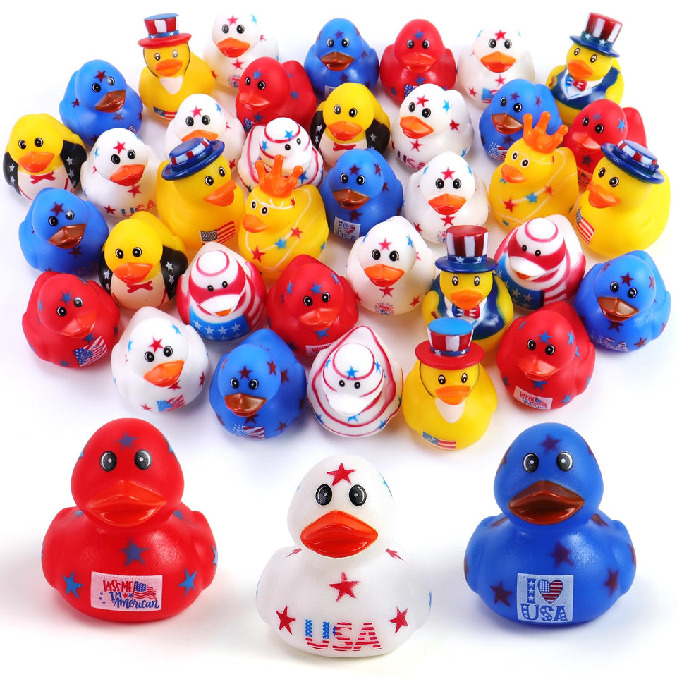 Halovin 36-piece patriotic rubber ducks pack for festive baths and party favors.