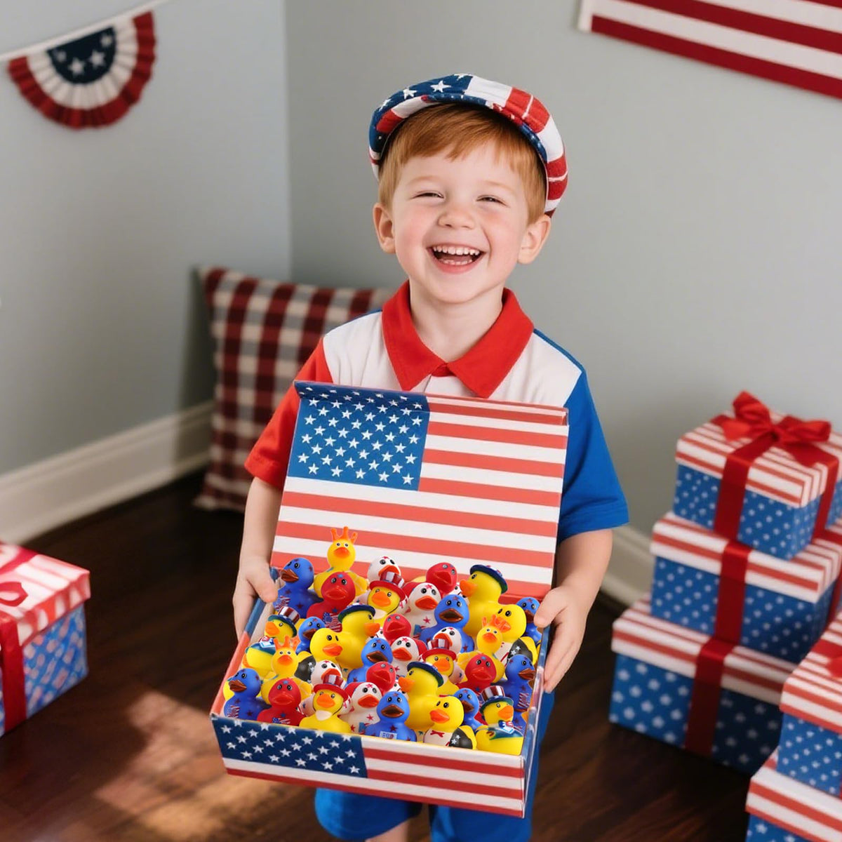 Halovin American flag-print ducks suitable for classroom rewards.