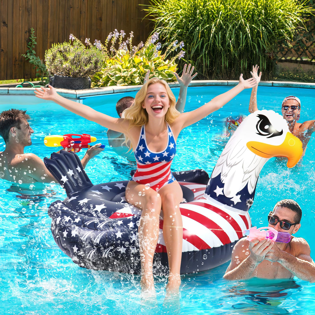 Halovin pool float with bright red white blue, perfect for photos.