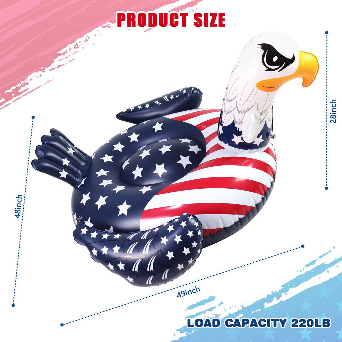 Halovin patriotic flag eagle raft, front view, offers stable lounging on warm pool days.