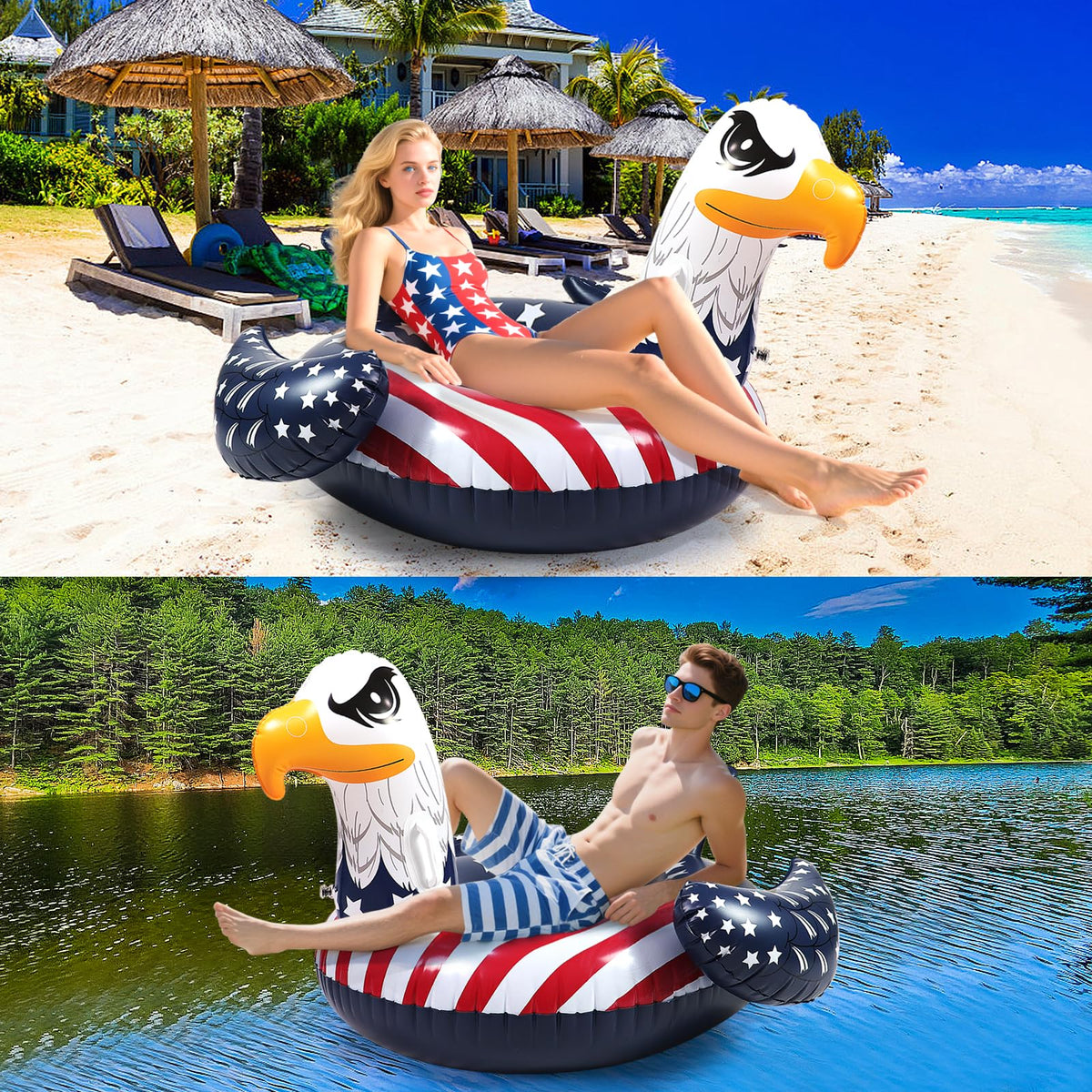 Halovin patriotic float, kids and adults enjoy lounging safely in water.