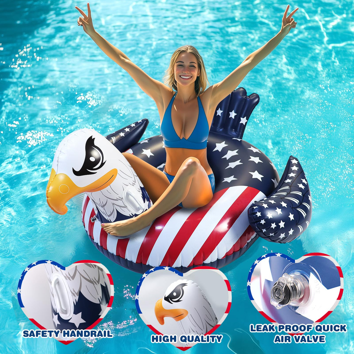 Halovin eagle float, side view, durable PVC that resists fading in sun.
