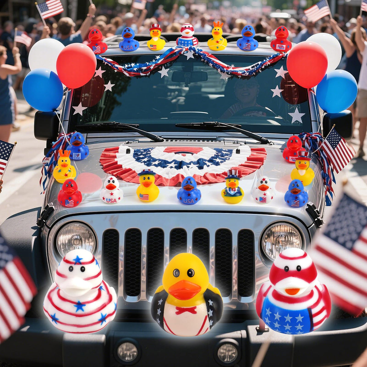 Halovin patriotic hats and flag-printed ducks add festive flair to events.