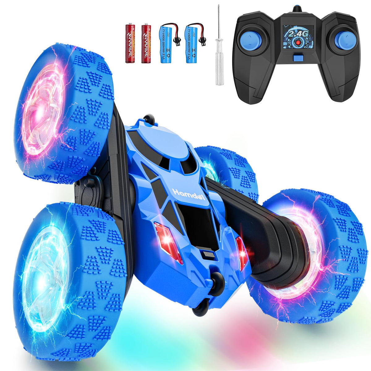 Hamdol Blue Racer RC car front view showing kid-friendly design