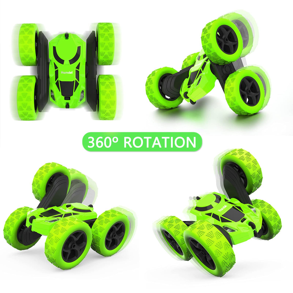 Hamdol Green Storm Edition RC car with bright LED headlights for low‑light play.
