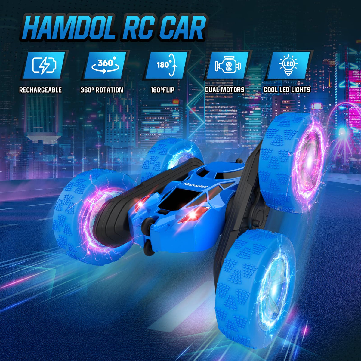 Hamdol RC car with LED glow wheels for night play