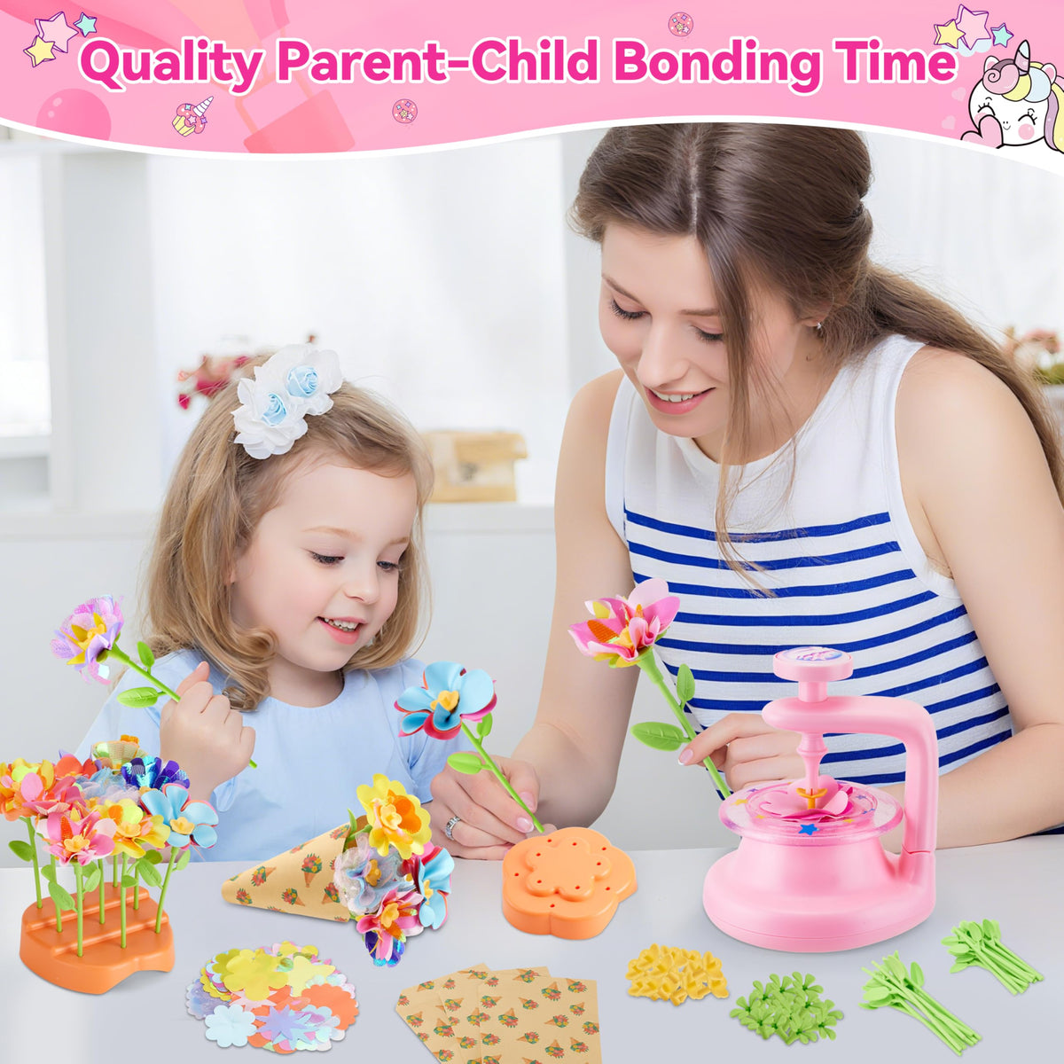 Hamdol parent-child bonding during unicorn flower crafting, a screen-free activity.