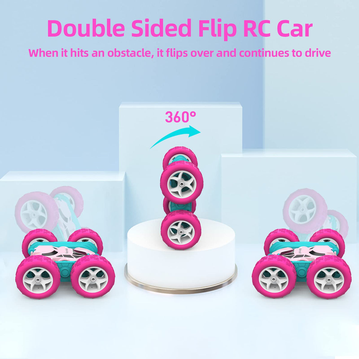 Hamdol Pink Star Edition RC car flip action showcasing 360° stunts for imaginative play.