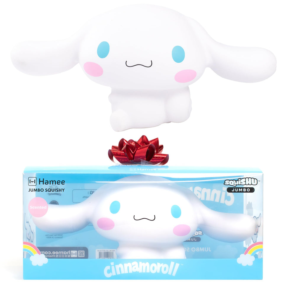 Hamee Cinnamoroll jumbo squishy toy in display packaging, ideal as a gift