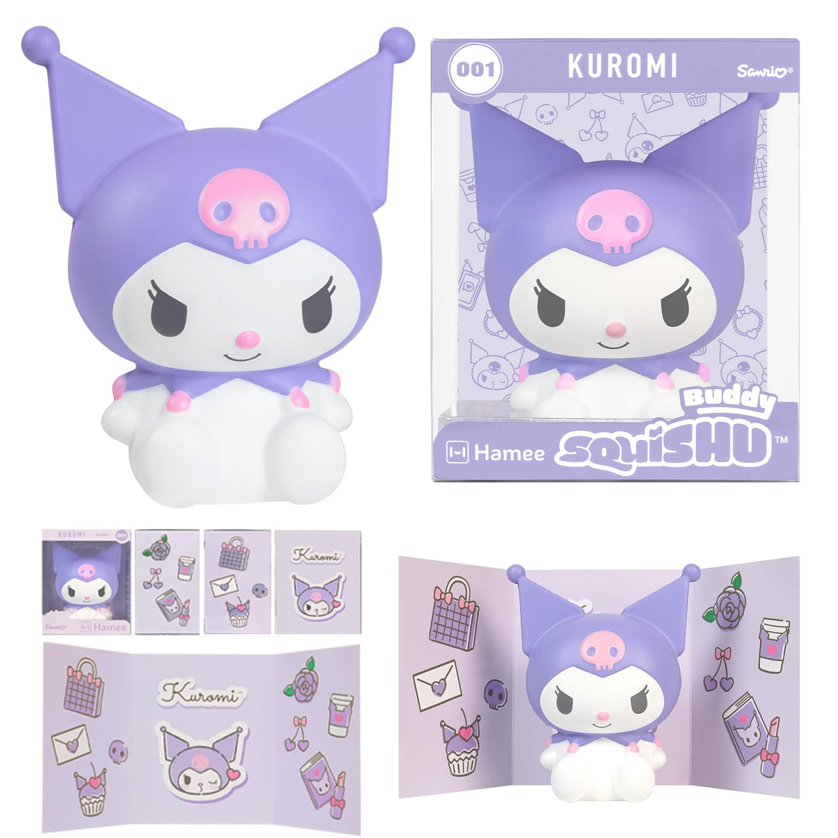 Hamee SquiSHU Buddy Hello Kitty Kuromi front view, ideal display piece for collectors.