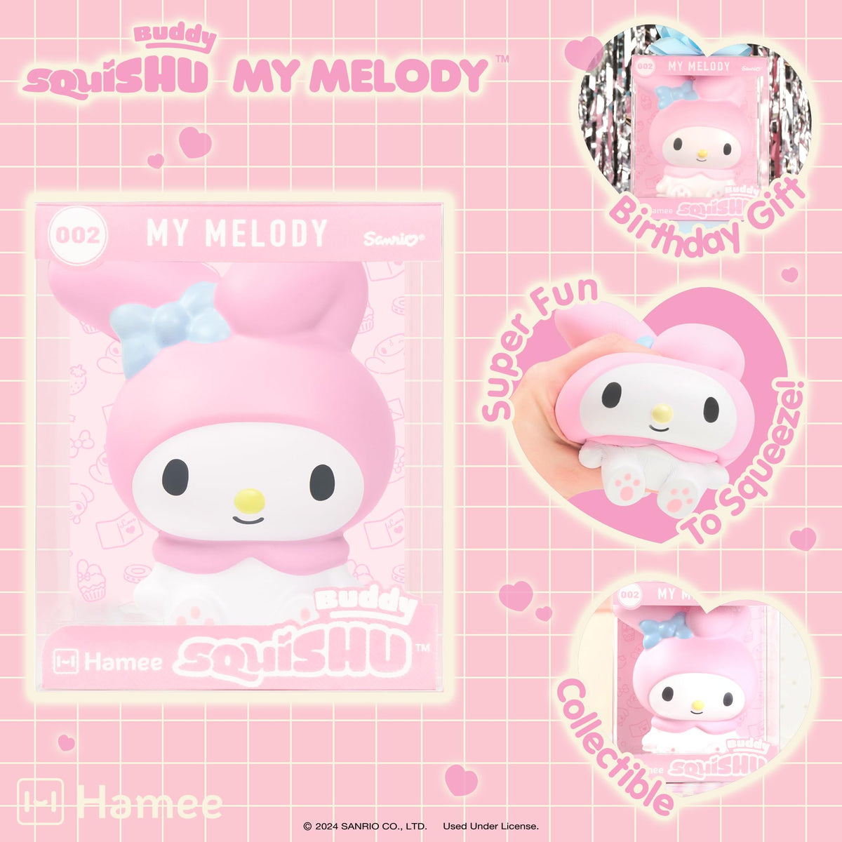 Hamee SquiSHU Buddy My Melody side view, collectible kawaii charm for shelves.