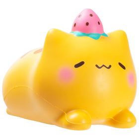Hamee SquiSHU jumbo strawberry cat squishy toy—desk-friendly stress relief and cute decor.