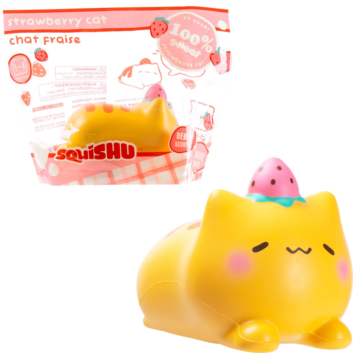 Close-up of Hamee SquiSHU jumbo strawberry cat squishy for satisfying squeezes.