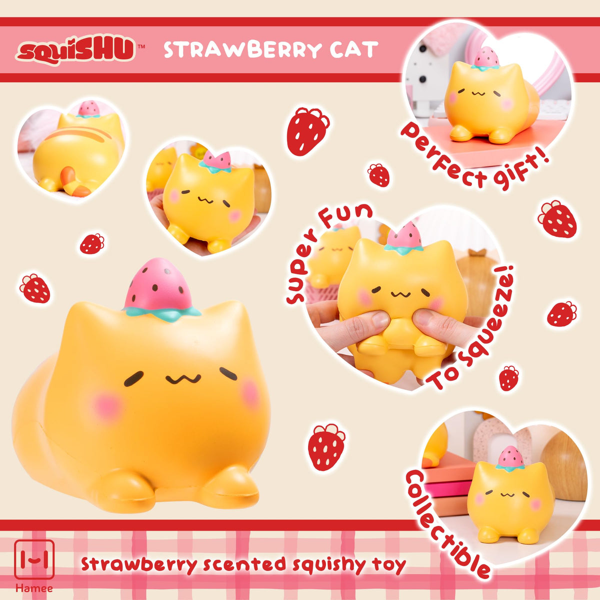 Sleepy cat face with strawberry on head, ideal stress-relief companion.