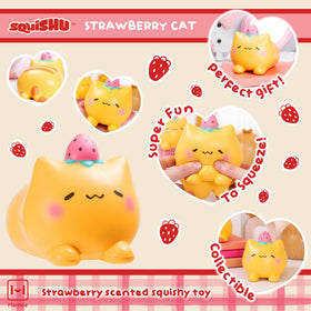 Sleepy cat face with strawberry on head, ideal stress-relief companion.