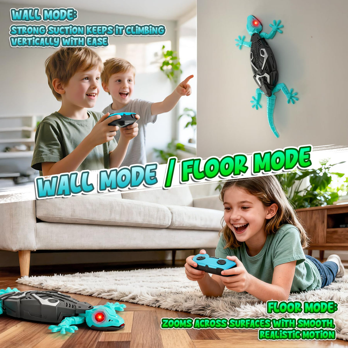 Hamino gecko on-wall action showing smooth suction and quiet operation.