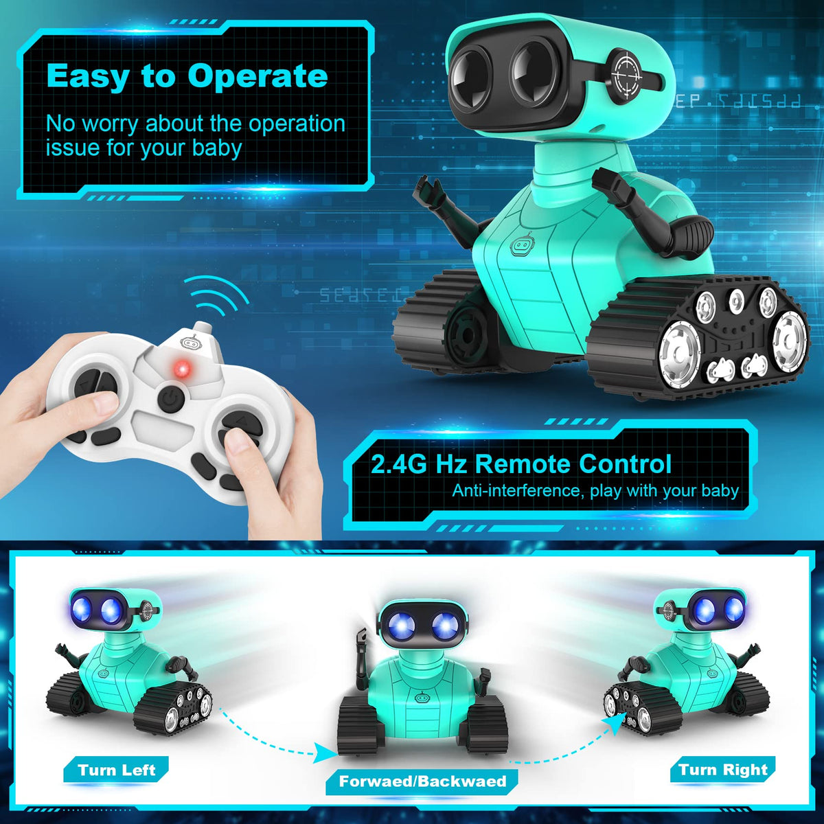 2.4 GHz remote control provides responsive operation with multiple robots.