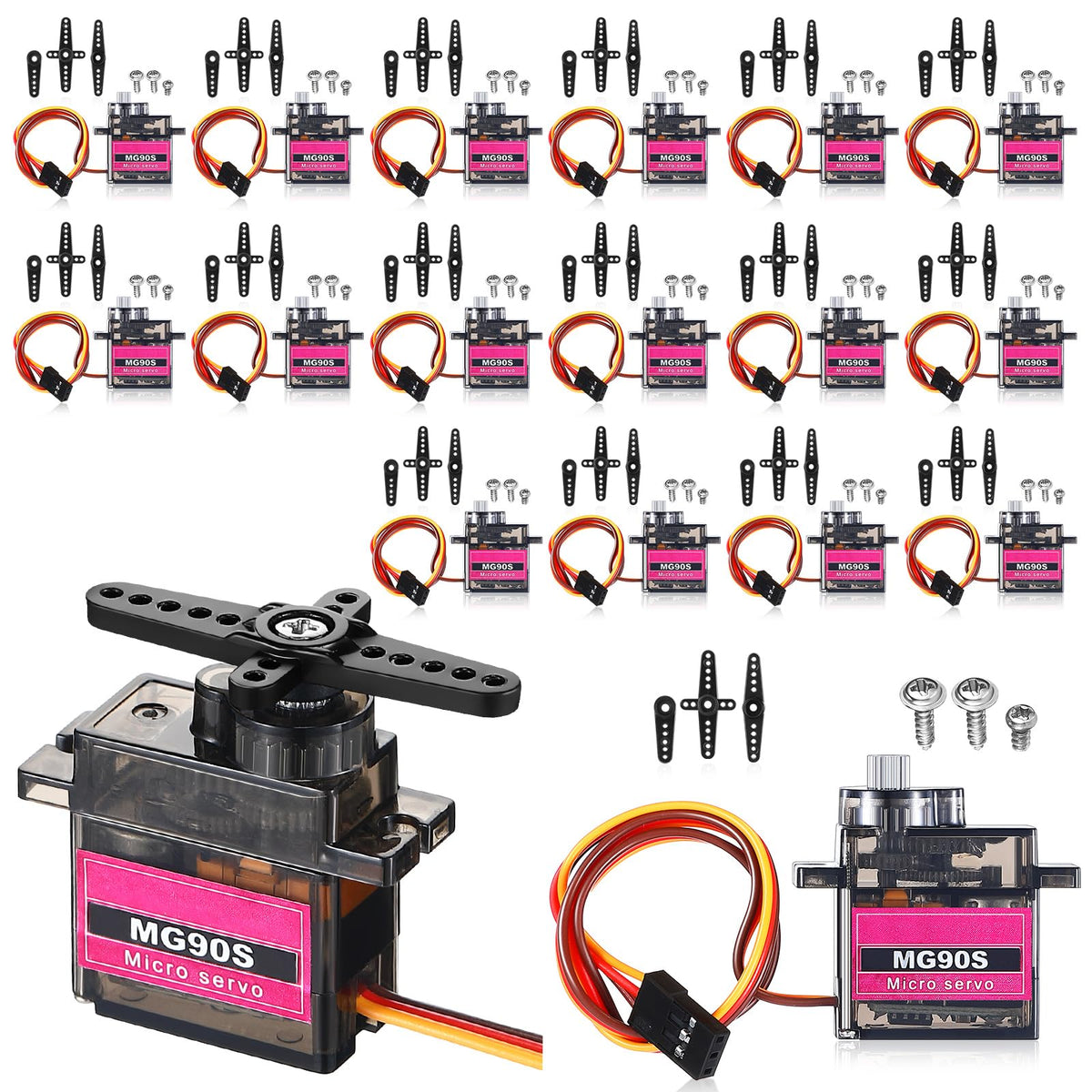 Hanaive 16-pcs MG90s servo kit package with arms and screws for easy setup.
