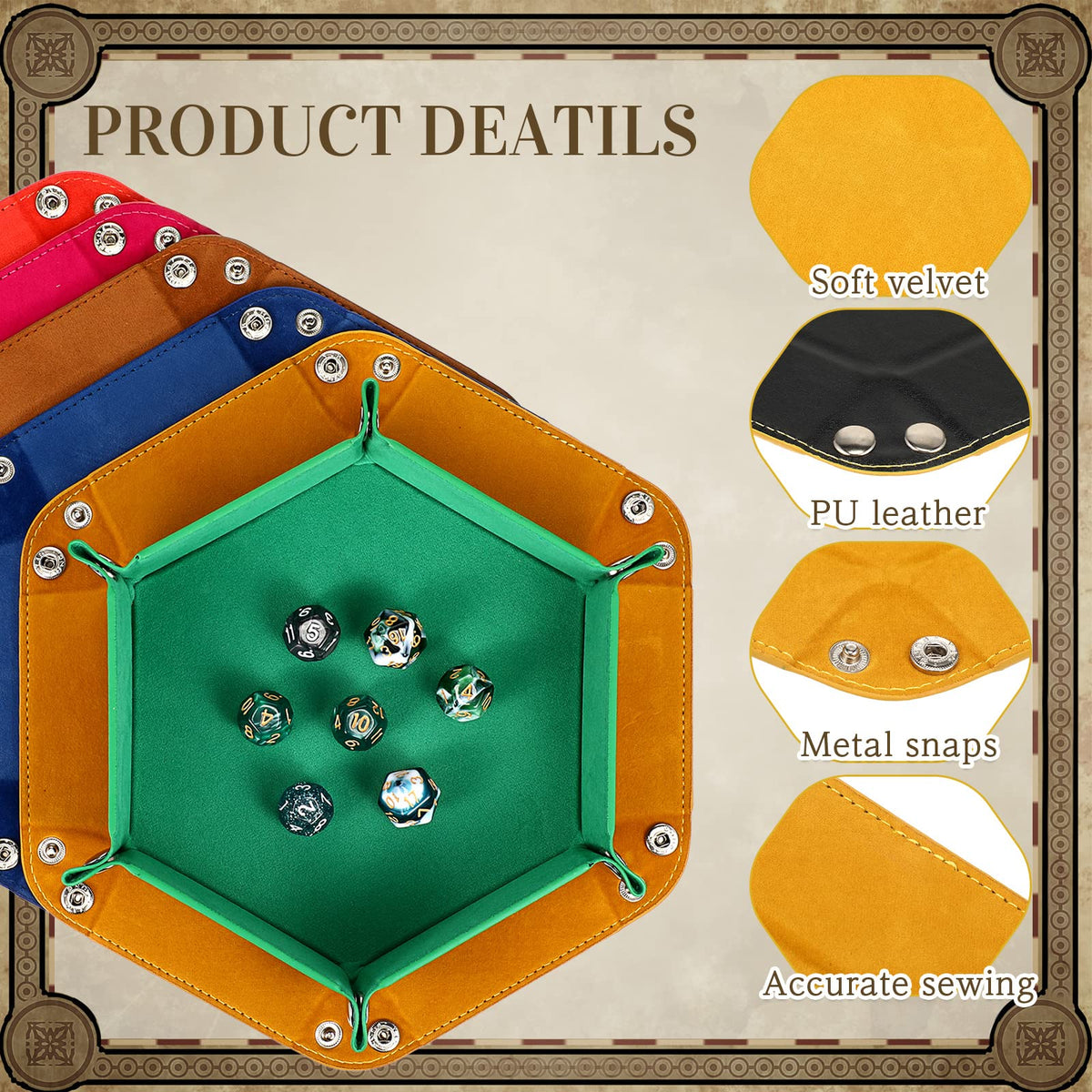 Hanaive dice tray gray foldable hexagon, durable PU exterior with soft velvet interior.