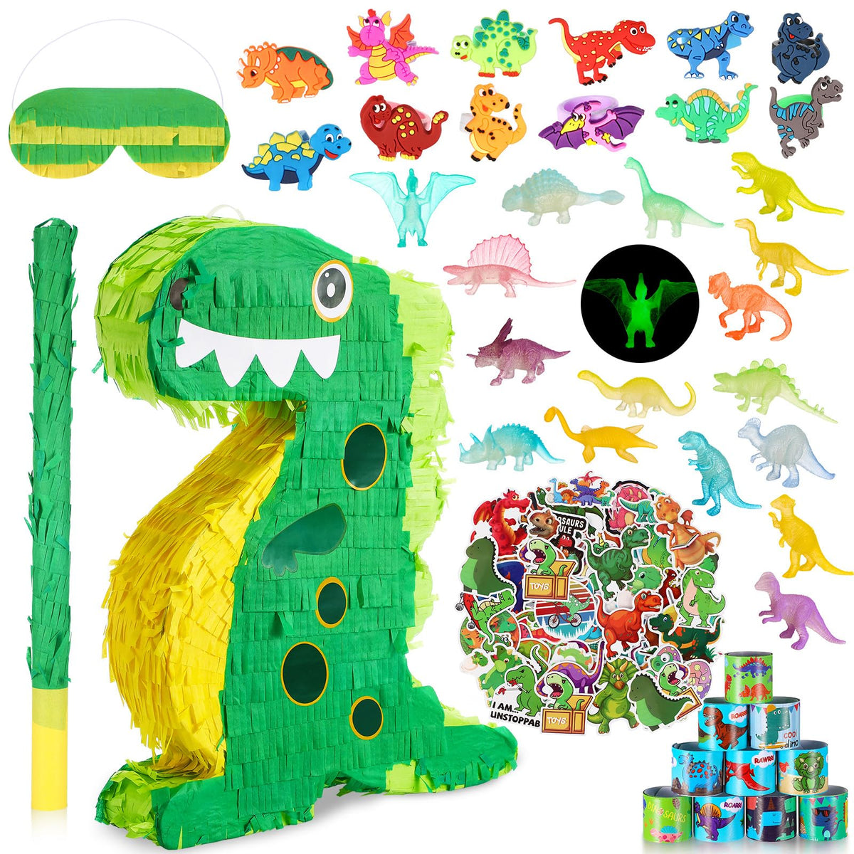 Hanaive dinosaur piñata ready to fill with treats for a birthday celebration.