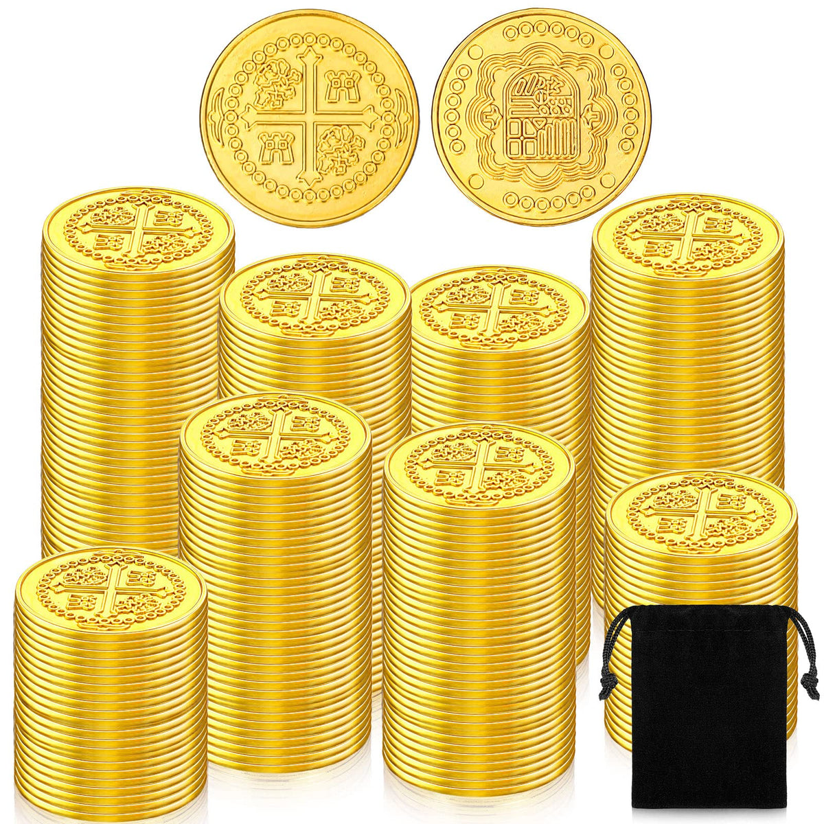 Hanaive pirate coins gold front view for treasure hunts and party decor.