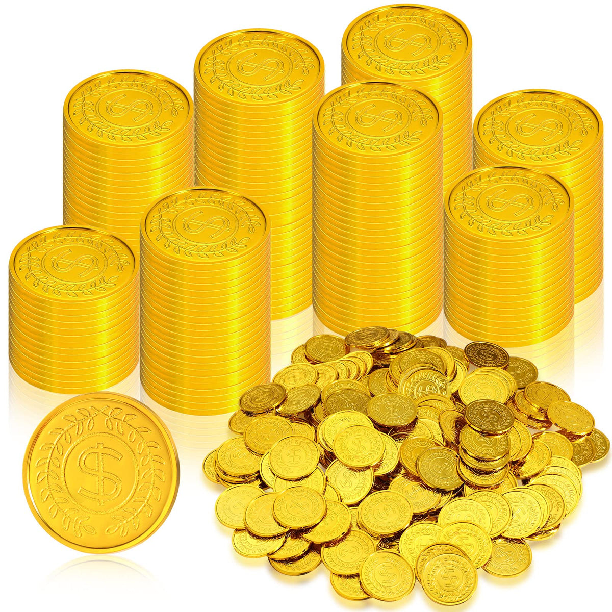Hanaive pirate gold coins with embossed surface for treasure hunts and party decorations.