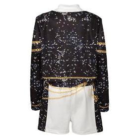 HanaOuni color-contrast top and pants view, eye-catching look for themed events.