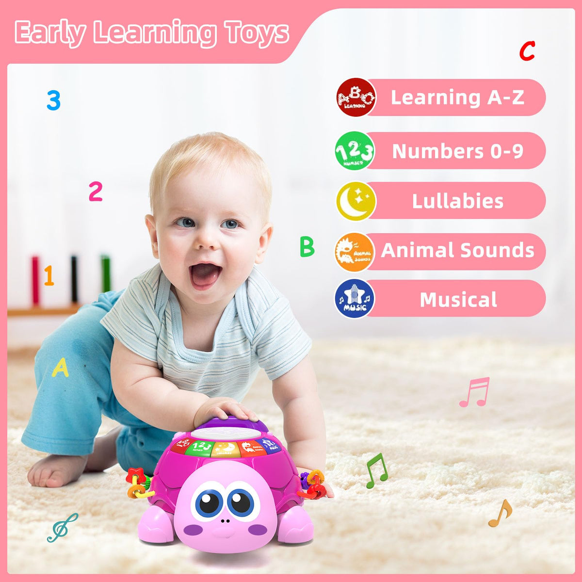Hanayo crawling toy with buttons moves and lights to motivate mobility.