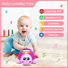 Hanayo crawling toy with buttons moves and lights to motivate mobility.