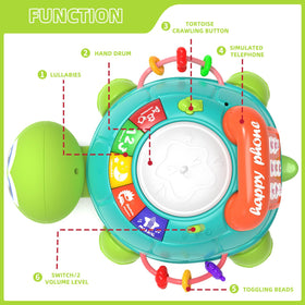 Hanayo turtle toy lights up with music to engage babies during crawling.