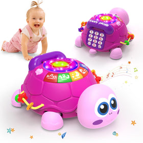 Hanayo turtle musical toy encourages crawling with colorful lights and learning buttons.