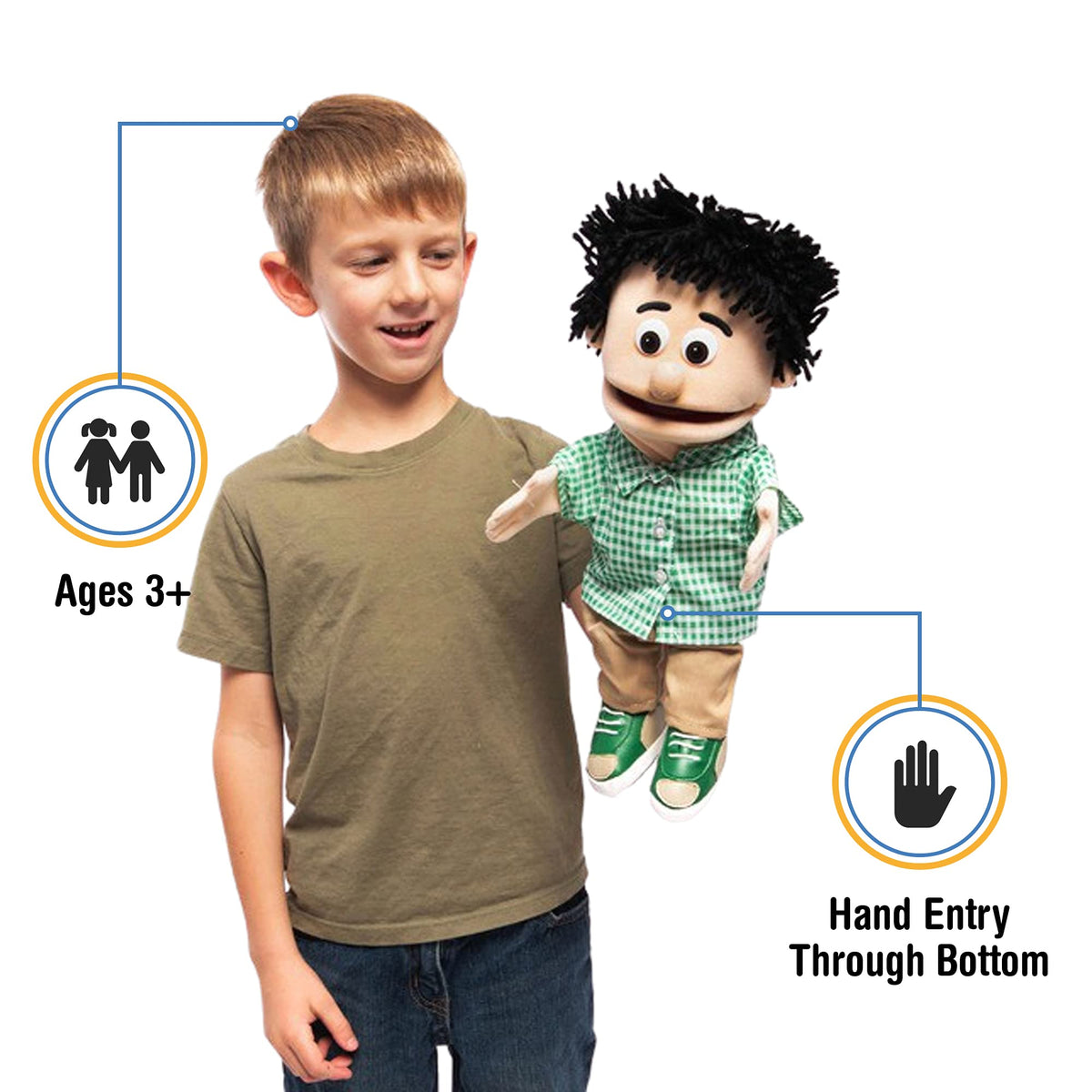 Hand-puppet 14-inch hand control enables easy puppetry during playtime