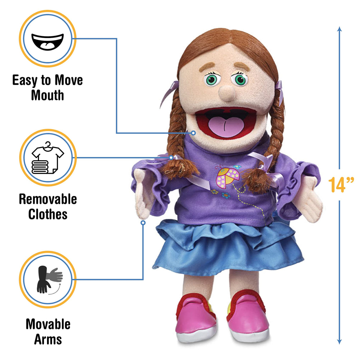 Hand puppet close-up shows durable stitching for lasting imaginative play.