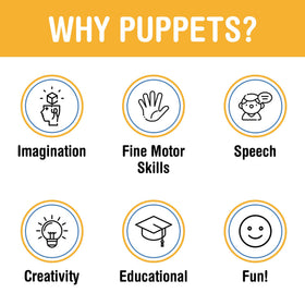 Hand puppet in action supports pretend play and storytelling with kids.