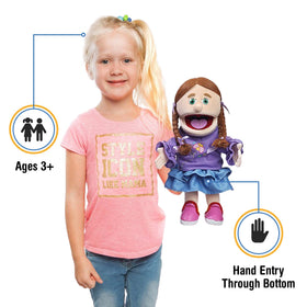 Hand puppet interior slots show how hands move for easy, expressive play.