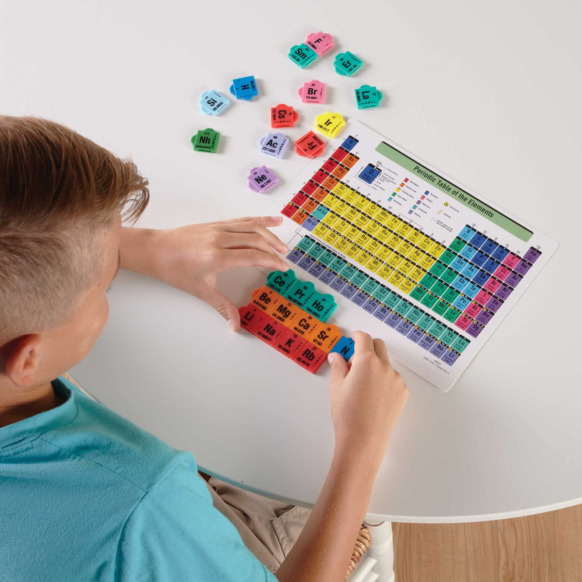 hand2mind color-coded element tiles support visual learning of atomic numbers and symbols.