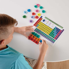 hand2mind color-coded element tiles support visual learning of atomic numbers and symbols.