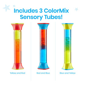 hand2mind ColorMix Sensory Tubes sealed bottles highlight secure grip for quick fidget relief.