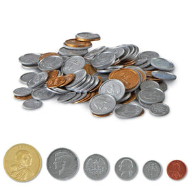 hand2mind fake money coins stack for pretend play and math activities.
