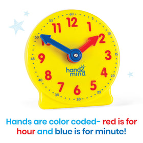 hand2mind geared clock detail demonstrates hour-minute relationships with durable construction.