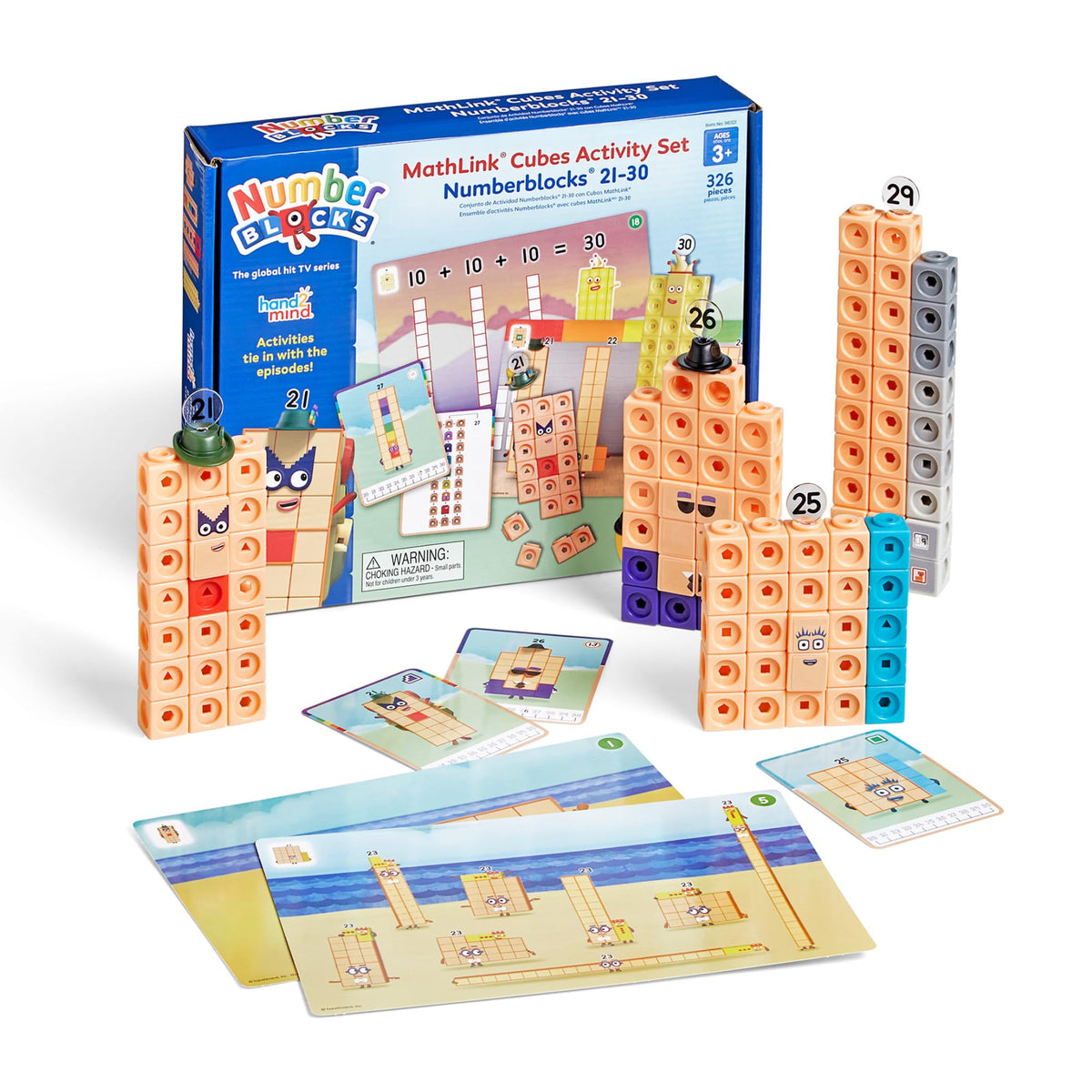 Hand2mind MathLink Cubes Numberblocks 21-30 assembly showing kids counting and building patterns.