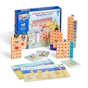 Hand2mind MathLink Cubes Numberblocks 21-30 assembly showing kids counting and building patterns.