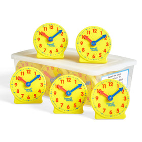hand2mind mini geared clock classroom set on stands promotes collaborative time-telling practice.