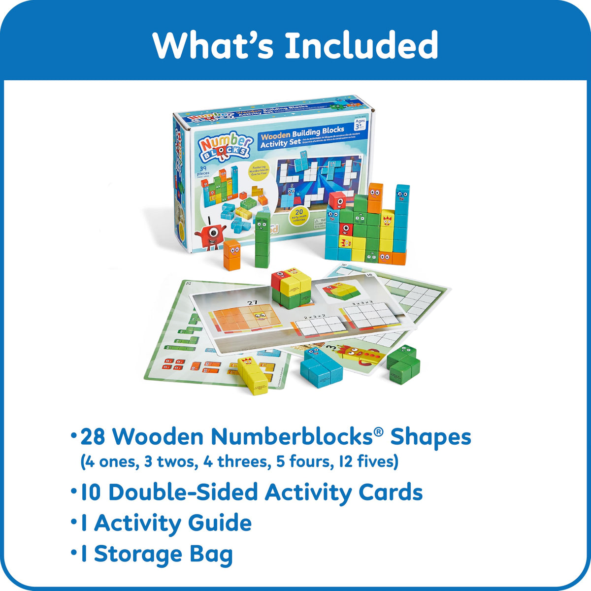 hand2mind Numberblocks wooden characters one to five included for interactive play.