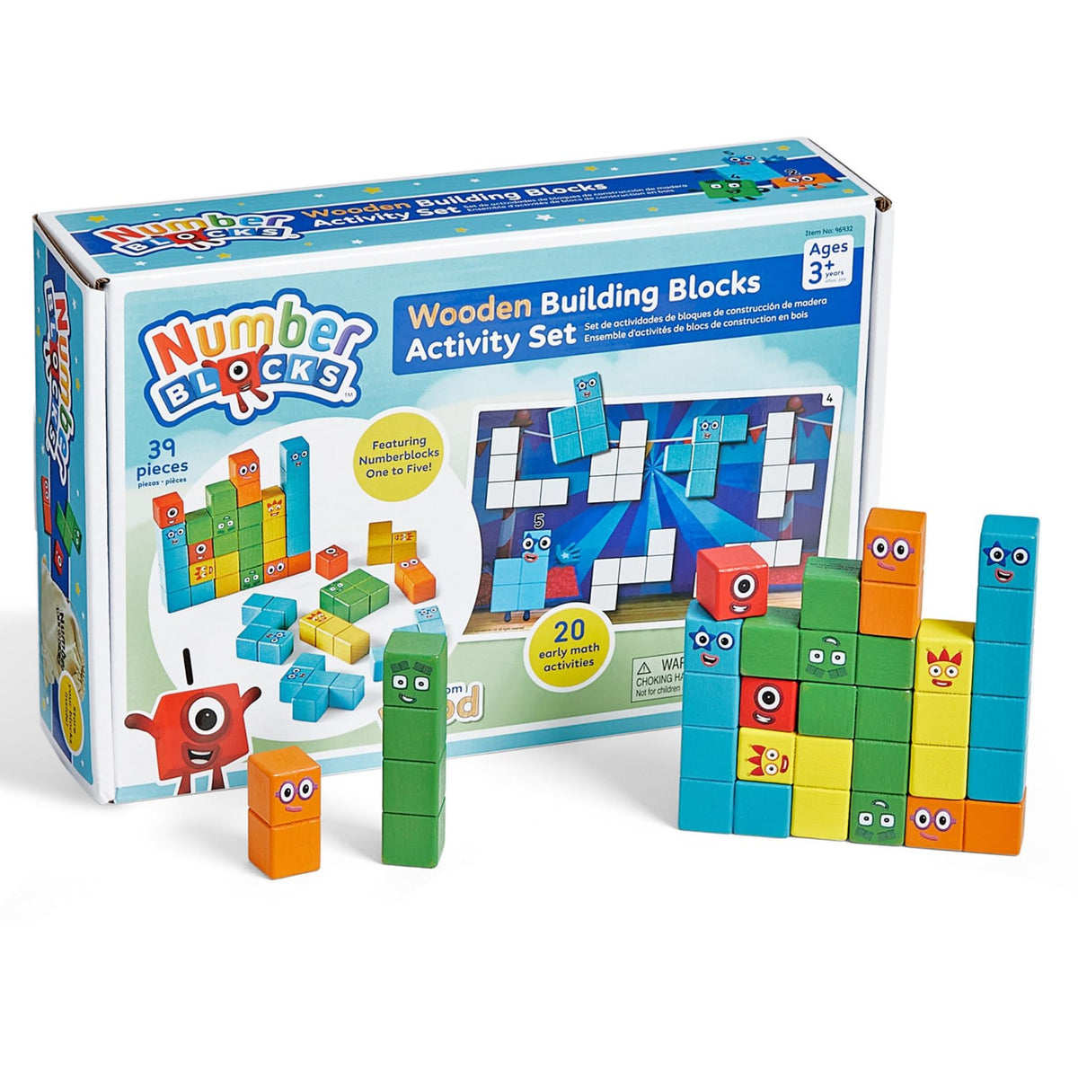 hand2mind Numberblocks wooden blocks arranged in a tall tower to spark counting and fine motor skills.