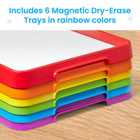 Hand2mind stackable trays shown to maximize compact classroom storage.