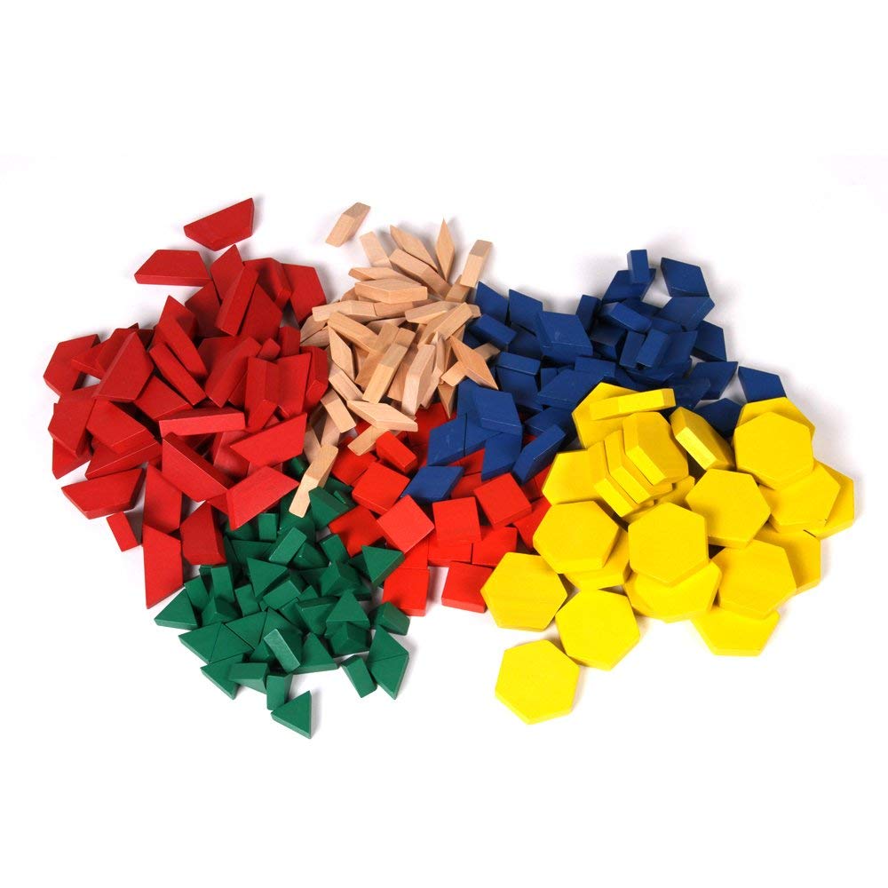hand2mind wooden pattern blocks in bright colors support early geometry exploration.