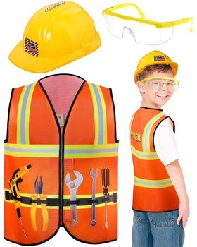 Handepo construction worker costume vest and yellow goggles for imaginative play at home.